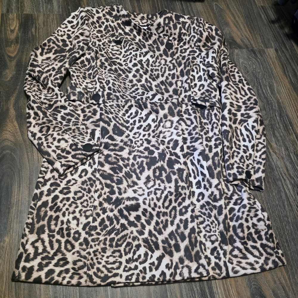 Cabi Leopard Print Scuba Double Breasted Trench Coat 4602 Tan Brown Womens L